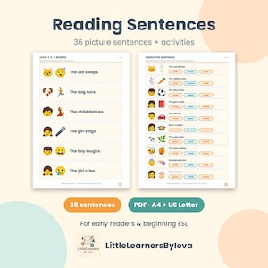 Reading Sentences with Pictures, 36 Printable Sentences in 3 Levels, Early Reader Comprehension Activities, Kindergarten 1st Grade