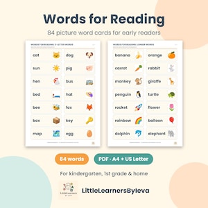 Words for Reading Picture Cards, 84 Printable Word Flashcards for Early Readers, Kindergarten Phonics, Homeschool, ESL Vocabulary