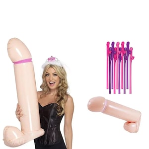 Inflatable Pennis Balloon 3 Ft Tall and Naughty Straws - Bachelorette Party Pennis Decoration Funny Giant Blow Up Peaker- Bachelor Party
