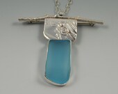 Blue beach glass pin or pendant, brooch with converter for chain recycled tumbled glass, bezel setting, cast stick and floral pattern silver