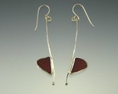 Red beach glass and sterling earrings Tumbled glass jewelry Sea glass earrings Crimson glass triangle in silver bezel long drop