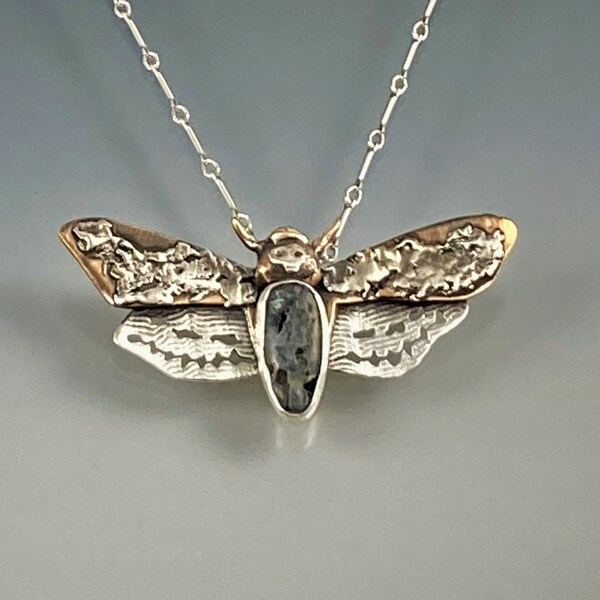 Death Moth Sterling Silver Pendant, Bronze & Kyanite Gothic Necklace