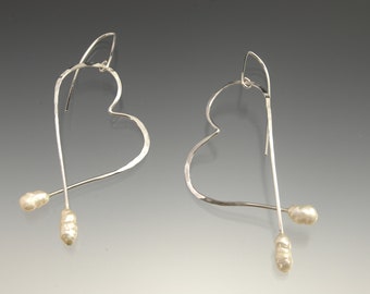 Hammered Sterling Silver Heart Earrings, Freshwater Pearl Dangles