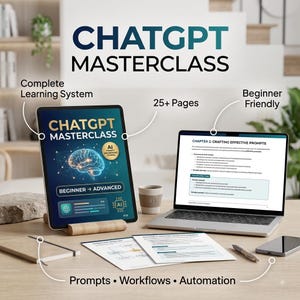 May include: A digital learning kit titled CHATGPT MASTERCLASS featuring a tablet on a wooden stand, a laptop displaying chapter two, printed documents, a notebook, a pen, a smartphone, and a cup, with text highlighting a complete learning system.