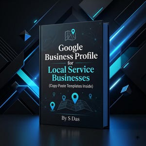 May include: A black book titled Google Business Profile for Local Service Businesses (Copy-Paste Templates Inside) by S Das, featuring a map icon and blue location pins on the cover against a dark background with geometric blue light accents.