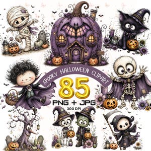 Könnte beinhalten: Eine Sammlung von Halloween-Illustrationen mit einer Mumie, einem lila Kürbishaus, einer schwarzen Katze, einem Vampir, einem Skelett, einem gruseligen Baum und anderen Figuren. Der Text lautet SPOOKY HALLOWEEN CLIPART 85 PNG + JPG 300 DPI.