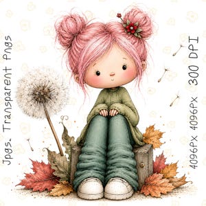 Puede incluir: Una ilustración digital de un personaje con cabello rosa en dos moños, vistiendo un suéter y pantalones verdes, sentado sobre un bloque de madera. El personaje está rodeado de hojas de otoño, un diente de león y el texto Jpgs. Transparent Pngs 300 DPI 4096px 4096px.