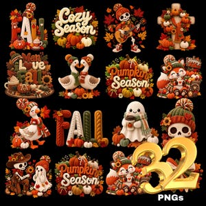 Könnte beinhalten: Eine Sammlung von 32 digitalen Illustrationen mit herbstlichen Häkelmotiven wie Kürbissen, Skeletten, Gänsen, Geistern und Füchsen. Die Texte 'FALL', 'Cozy Season', 'Pumpkin Season' und 'Happy Fall' sind vor einem schwarzen Hintergrund platziert.