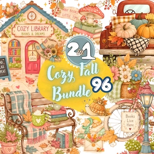 Op de afbeelding: Een digitaal illustratiepakket met een gezellige bibliotheek, een rode vrachtwagen met pompoenen, een bankje met een mok, een fiets met een bloemenmand, een slak en een kat, met de tekst 2 in 1 Cozy Fall Bundle 96.