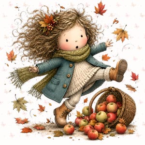 May include: A cartoon illustration of a child with curly brown hair wearing a teal coat, a green knit scarf, a cream sweater, and tan boots. The child is surrounded by falling autumn leaves and a tipped-over woven basket filled with red apples.