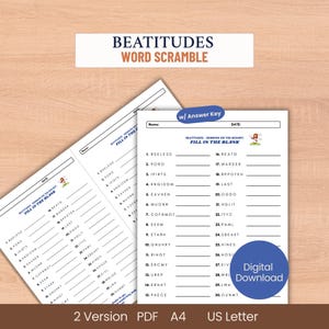 Könnte beinhalten: Zwei ausdruckbare Arbeitsblätter mit Wortsalat mit dem Titel "BEATITUDES WORD SCRAMBLE" werden angezeigt. Die Arbeitsblätter sind weiß mit schwarzem Text und verfügen über ein Ausfüllformat und einen Antwortschlüssel. Der untere Teil des Bildes lautet "2 Version PDF A4 US Letter".