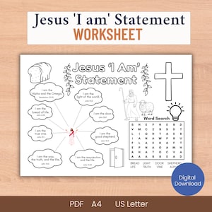 Puede incluir: Hoja de trabajo en blanco y negro titulada "Jesus 'I am' Statement" con ilustraciones relacionadas. Incluye una búsqueda de palabras, una cruz, una bombilla y un pastor con una oveja. La hoja de trabajo está disponible en formato PDF.