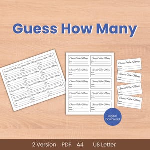 May include: White paper game cards with the text "Guess How Many" and fields for Name and Guesses. The cards are arranged on a light brown wooden surface. The words "Digital Download" are also visible.