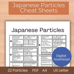Hojas de trucos de partículas japonesas en blanco y negro minimalistas JLPT N5 Guía de estudio para el aprendizaje del idioma Gráfico Descarga digital PDF imprimible Tamaño A4 Carta