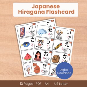 Op de afbeelding: Japanse Hiragana Flashcard met kleurrijke illustraties en Japanse karakters. De flashcards bevatten afbeeldingen van een mobiele telefoon, regen, een hond, een koe, een potlood, een vrouw, een vos en een rugzak. De tekst op de flashcard zegt "Digitale download".