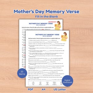 May include: A printable Mother's Day Memory Verse worksheet with fill-in-the-blank Bible verses. The design includes a light blue background and a graphic of a woman reading a book. Includes 20 items and is available in PDF, A4, and US Letter formats.