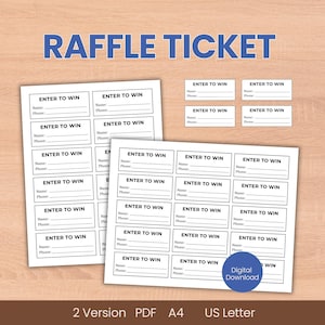 Puede incluir: Boletos de rifa blancos con el texto "ENTER TO WIN" y espacios para el nombre y el número de teléfono. Las palabras "RAFFLE TICKET" están en azul en la parte superior. La imagen también incluye un botón de descarga digital.