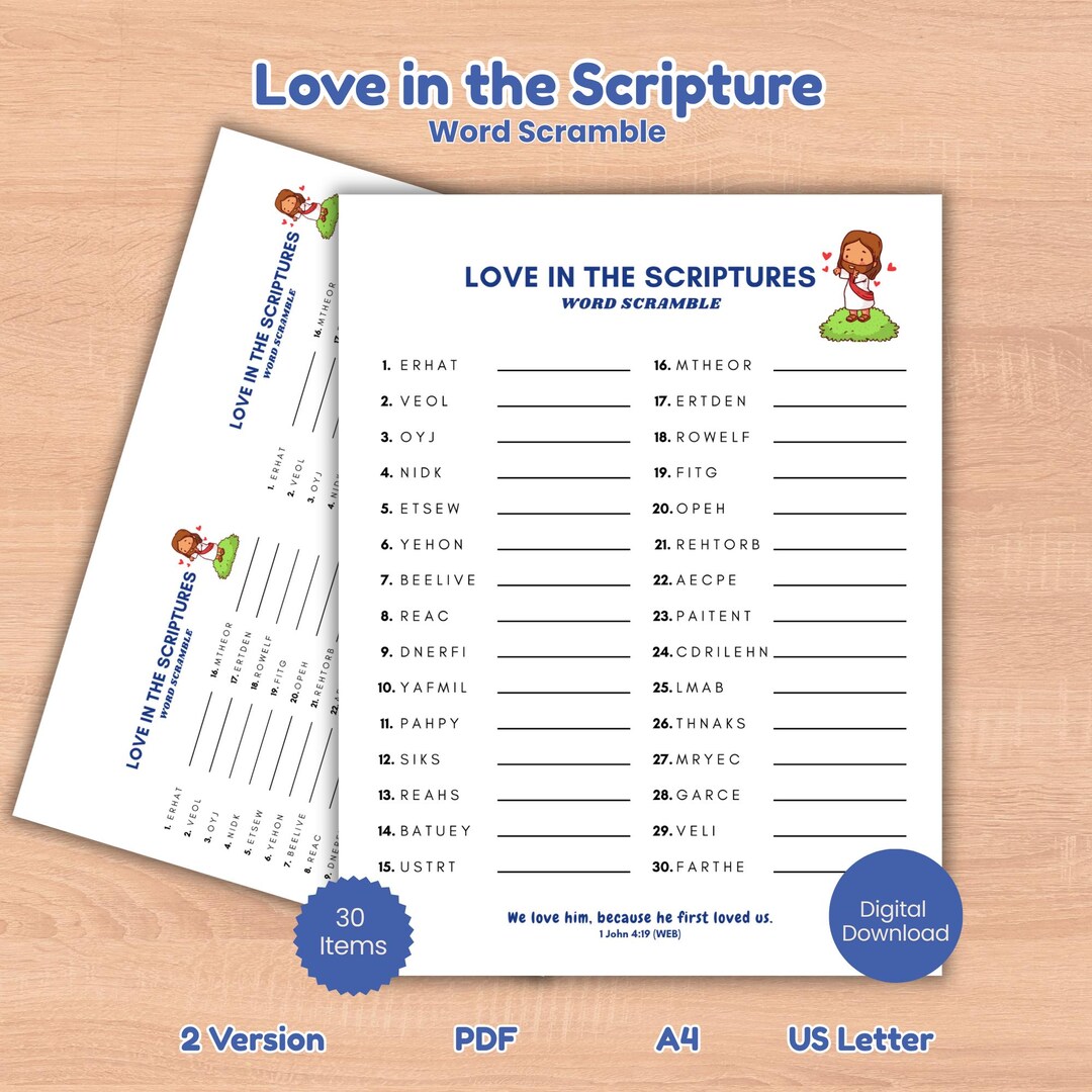 Scrambled Scriptures Love in Scripture Word Scramble Bible Party Game Fill in Blank Kids ...