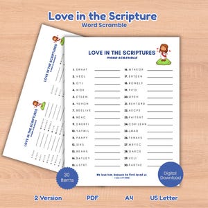 Liefde in de Schrift Woord Scramble Bijbelfeestspel Invullen blanco kinderen tiener volwassen vrouwen bediening zondag sabbatschool christelijke activiteiten pdf
