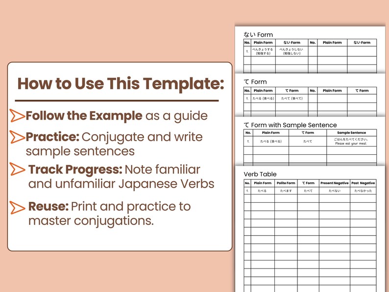 Japanese Verb Conjugation Learn Practice Sheets Template | Fillable PDF ...