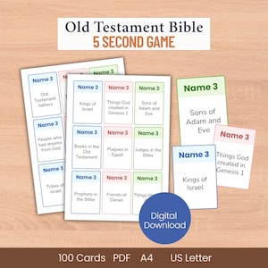Nom du jeu biblique en 5 secondes Ancien Testament 3 cartes, quiz quiz École du dimanche VBS groupe de jeunes enfants adolescents adultes soirée en famille imprimable PDF numérique