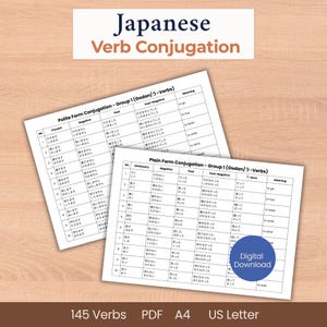 Conjugación de verbos japoneses / Aprendizaje de idiomas para principiantes JLPT N5 N4 / Guía de estudio de kanji hiragana, PDF imprimible, hojas de referencia, tamaño A4, carta estadounidense