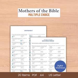 Può includere: Un foglio di carta bianco con il titolo "Madri della Bibbia" e "Scelta Multipla" in testo blu. Il foglio contiene domande a scelta multipla e una chiave di risposta. La parte inferiore della pagina riporta la dicitura "20 elementi PDF A4 US Letter".