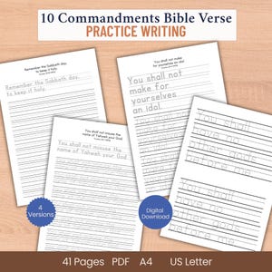 May include: A collection of white practice writing sheets with Bible verses, including "Remember the Sabbath day, to keep it holy" and "You shall not make for yourselves an idol." The sheets are labeled "10 Commandments Bible Verse PRACTICE WRITING."