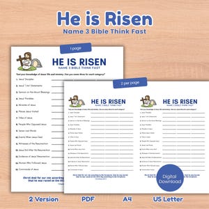 Könnte beinhalten: Zwei druckbare Arbeitsblätter mit dem Text "He is Risen Name 3 Bible Think Fast". Die Arbeitsblätter sind weiß mit blauem Text und Grafiken. Ein Arbeitsblatt ist einseitig, das andere hat zwei Seiten.