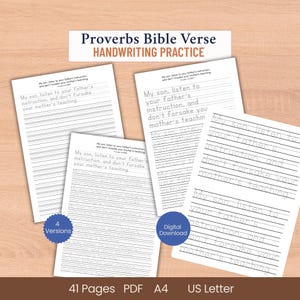 May include: A collection of handwriting practice sheets with the text "My son, listen to your father's instruction, and don't forsake your mother's teaching." The sheets are labeled as digital downloads, with 41 pages, and available in A4 and US Letter sizes.