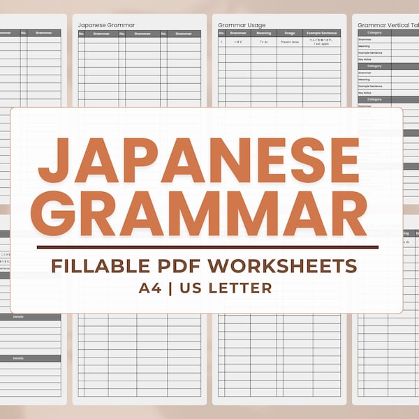 Arkusze ćwiczeń gramatyki japońskiej Wypełnialne arkusze PDF | JLPT N5 N4 Wydrukowany A4 US Letter Natychmiastowe pobieranie dla początkujących Samouczków