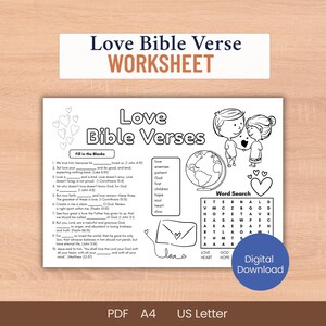 May include: Black and white printable worksheet titled "Love Bible Verse Worksheet." Features fill-in-the-blanks, word search, and illustrations of a globe, hearts, and a couple. Includes the text "Digital Download."
