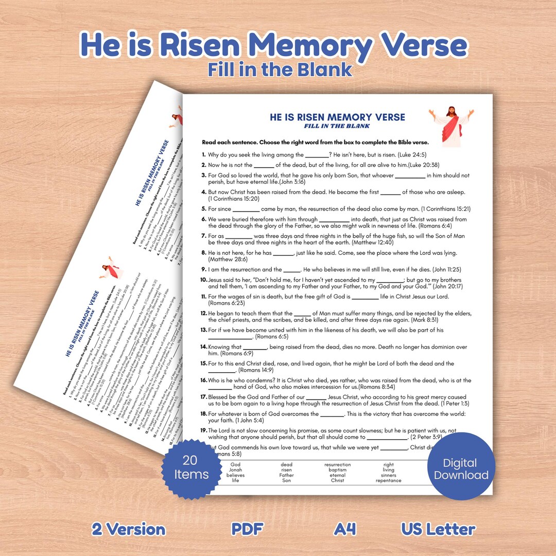 He is Risen Easter Fill in the Blank Bible Memory Verse Christian Story ...