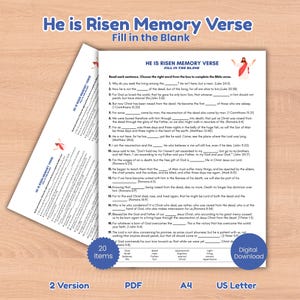 May include: A printable worksheet titled "He is Risen Memory Verse" with fill-in-the-blank Bible verses. The document includes 20 items, a digital download option, and is available in A4 and US Letter sizes.