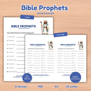 Op de afbeelding: Een afdrukbaar woordzoekspel over Bijbelprofeten. Het ontwerp toont de titel "Bible Prophets" in blauw, met illustraties van een bijbelse figuur. Inclusief opties voor 1 of 2 pagina's per afdruk, PDF, A4 en US Letter.