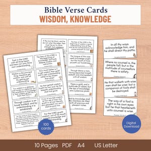 May include: A set of Bible Verse Cards with the theme of Wisdom and Knowledge. The cards feature various verses and are designed for digital download. The image includes the text "100 cards" and "Digital Download".