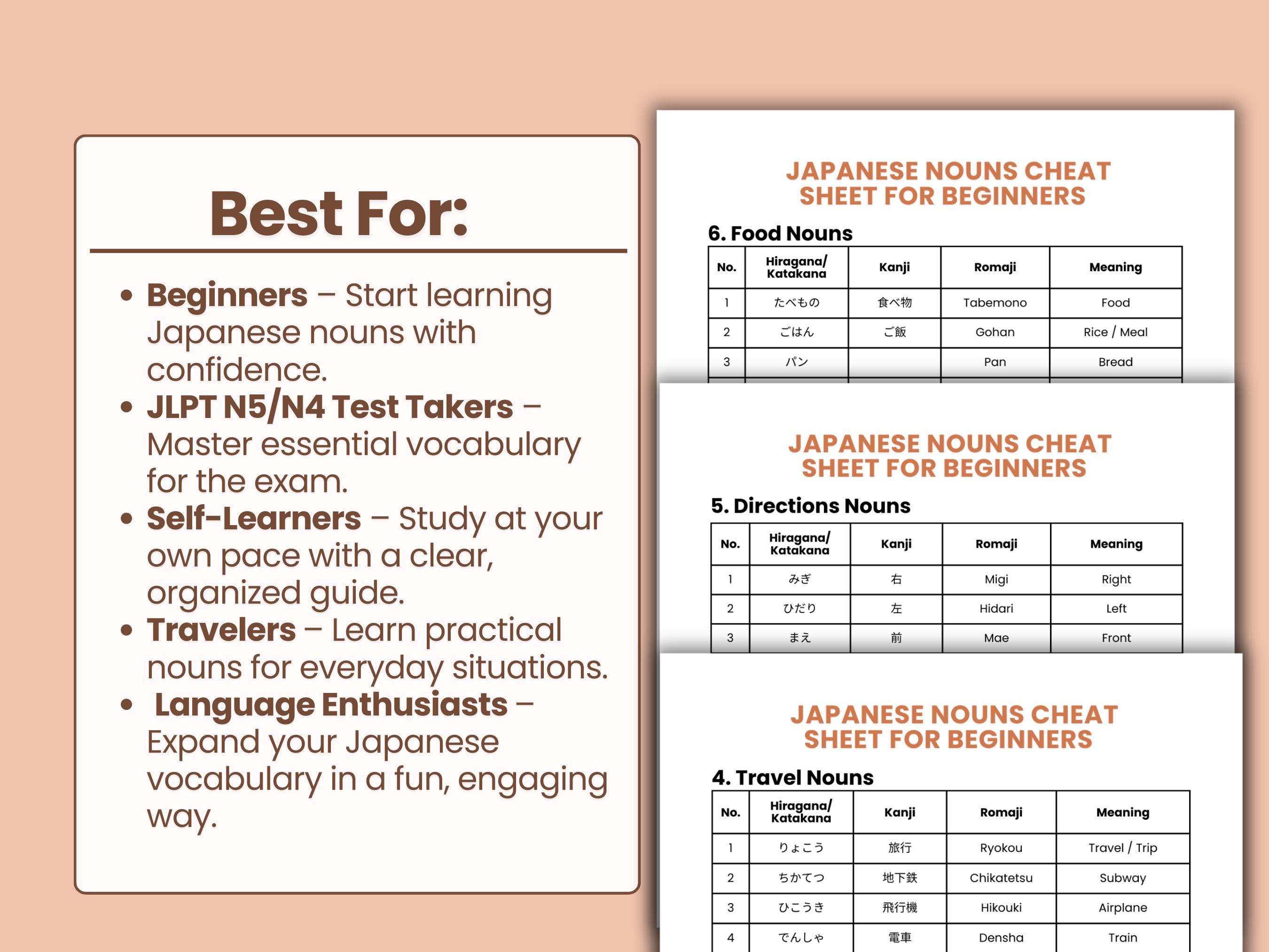 Japanese Noun Cheat Sheet for Beginner Printable PDF Vocabulary Study ...