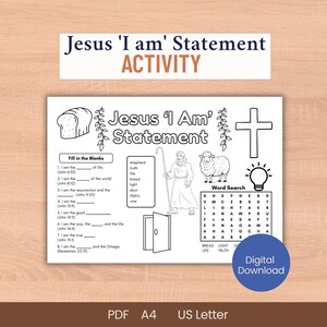 以下が含まれることがあります： 「Jesus 'I Am' Statement」と題された白黒印刷可能なアクティビティシート。穴埋め問題、単語検索、パン、羊飼い、羊、十字架、電球のイラストが含まれています。シートはデジタルダウンロードです。