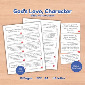 100 Bibel-Vers-Karten Gottes Liebe Charakter Schrift Christian Kinder Erwachsene Teen Sabbat Sonntag Schule Studium Trivia Geschenk Druckbares PDF Digital