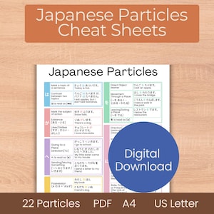 Hojas de trucos de partículas japonesas para el aprendizaje de idiomas, gramática para principiantes, guía de estudio de lecciones JLPT N5, gráfico, descarga digital, PDF imprimible, tamaño carta A4