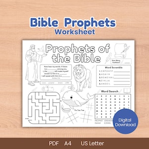 Op de afbeelding: Zwart-wit werkblad getiteld "Bible Prophets Worksheet" met de tekst "Prophets of the Bible". Bevat woordzoekers, woordzoekers, doolhof, tic-tac-toe en invuloefeningen. Bevat illustraties van een leeuw, een walvis en een bijbelse figuur.