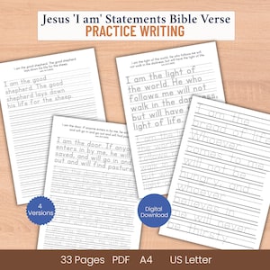 Può includere: Fogli di pratica di scrittura con versetti biblici sulle dichiarazioni "Io sono" di Gesù. I fogli includono spazi con linee per esercitarsi nella scrittura a mano, con il testo dei versetti stampati. Download digitale con 33 pagine in PDF.