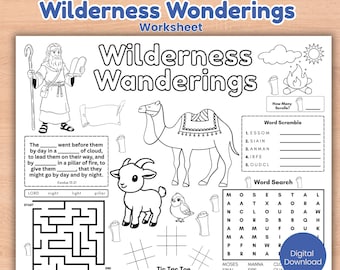 Könnte beinhalten: Schwarz-weiß Arbeitsblatt mit dem Titel "Wilderness Wanderings" mit Illustrationen eines Kamels, einer Ziege und Moses. Enthält Worträtsel, ein Labyrinth und Tic-Tac-Toe. Text enthält "Digitaler Download", "PDF A4" und "US Letter".