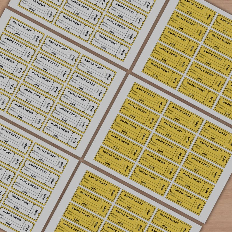 Raffle Ticket Numbers 1 to 300 Yellow Landscape Template Name Phone ...