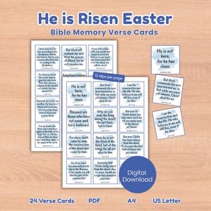 Könnte beinhalten: Digitaler Download von Oster-Bibel-Merkverskarten. Die Karten zeigen verschiedene Bibelverse über die Auferstehung Jesu. Das Design enthält den Text "He is Risen Easter" und "Bible Memory Verse Cards".