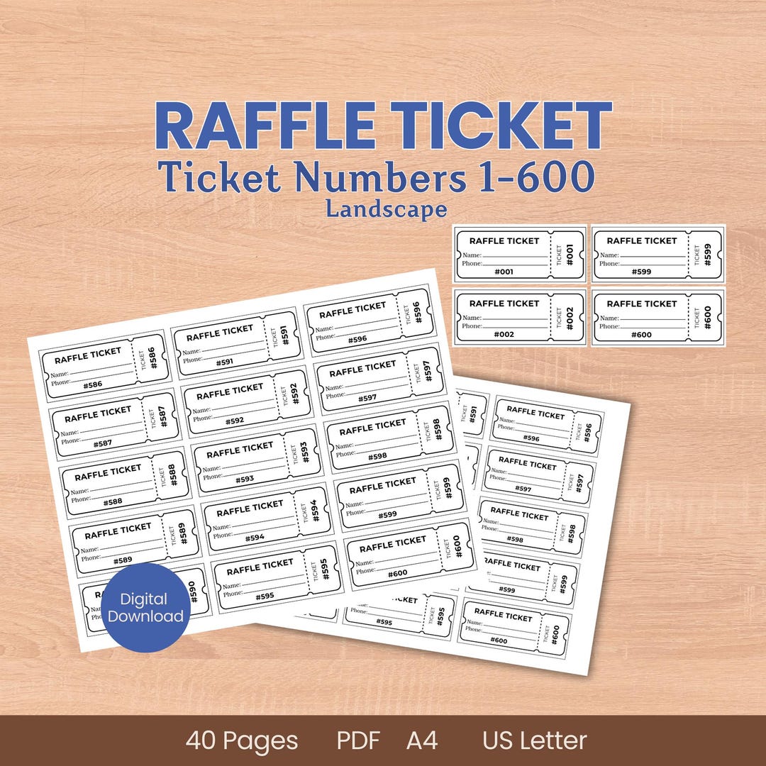 Landscape Raffle Register Raffle Ticket Numbers 1 to 600, Landscape Template Name Phone Entry ...