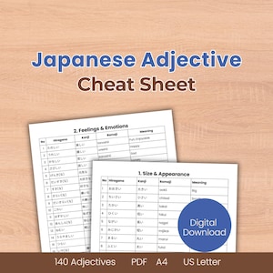 Japanese Adjectives Cheat Sheets | JLPT N5/N4 Beginner Printable PDF Vocabulary Study Guide Language Learning Hiragana Kanji Practice Chart