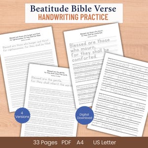 Puede incluir: Hojas de práctica de escritura a mano con el texto "Beatitude Bible Verse HANDWRITING PRACTICE". Las hojas tienen espacios con líneas para escribir versículos bíblicos, con los versículos impresos arriba. Incluye "4 Versiones" y "Descarga Digital".