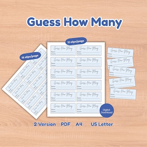 May include: Digital download of "Guess How Many" game slips. The image displays sheets with the game title and spaces for names and guesses. Includes 12 and 15 slips per page, plus A4 and US Letter versions. The text reads "Digital Download".