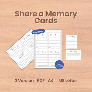 Puede incluir: Tarjetas blancas "Share a Memory" con espacios con líneas y el texto "Share a Memory" en un estilo manuscrito. Las tarjetas están dispuestas sobre una superficie de madera marrón claro. La imagen incluye el texto "Digital Download".